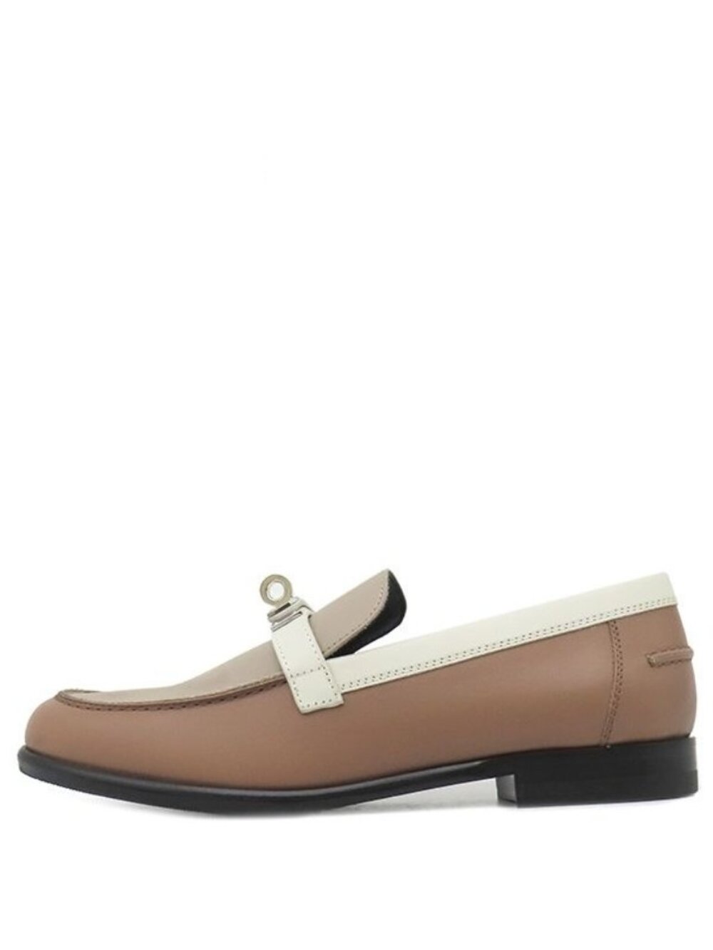 Hermes Loafers Destin Calf Beige Brown 35.5 Silver Kelly Buckle Tricolor